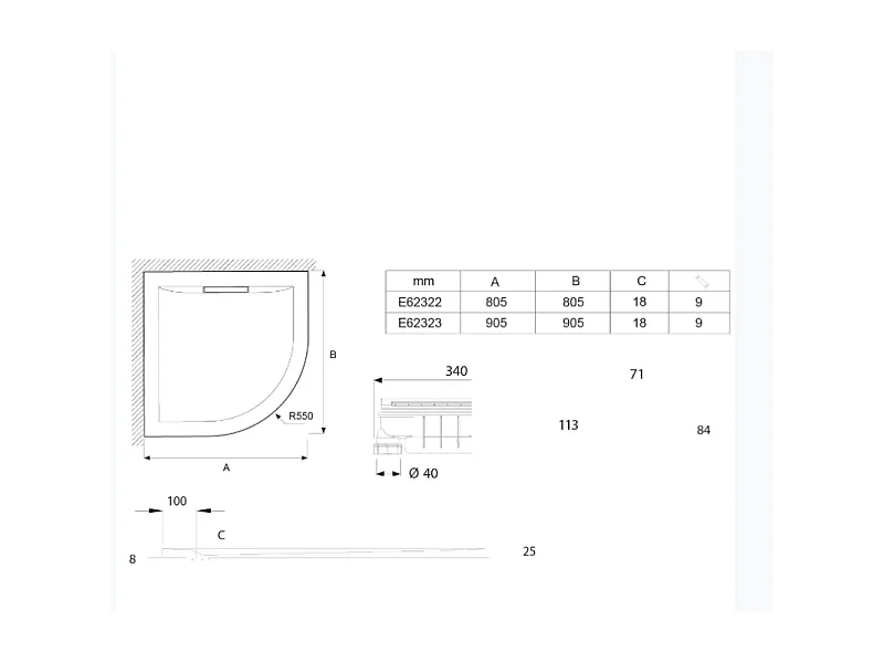 Receveur de douche antidérapant 80 x 80 JACOB DELAFON Flight Pure quart de rond blanc