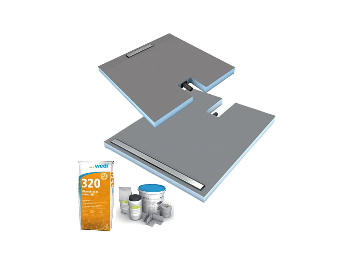 Receveur à carreler 120 x 90 cm Wedi Fundo Plano Linea - écoulement linéaire sortie sur le coté + kit d'étanchéité + Wedi 320