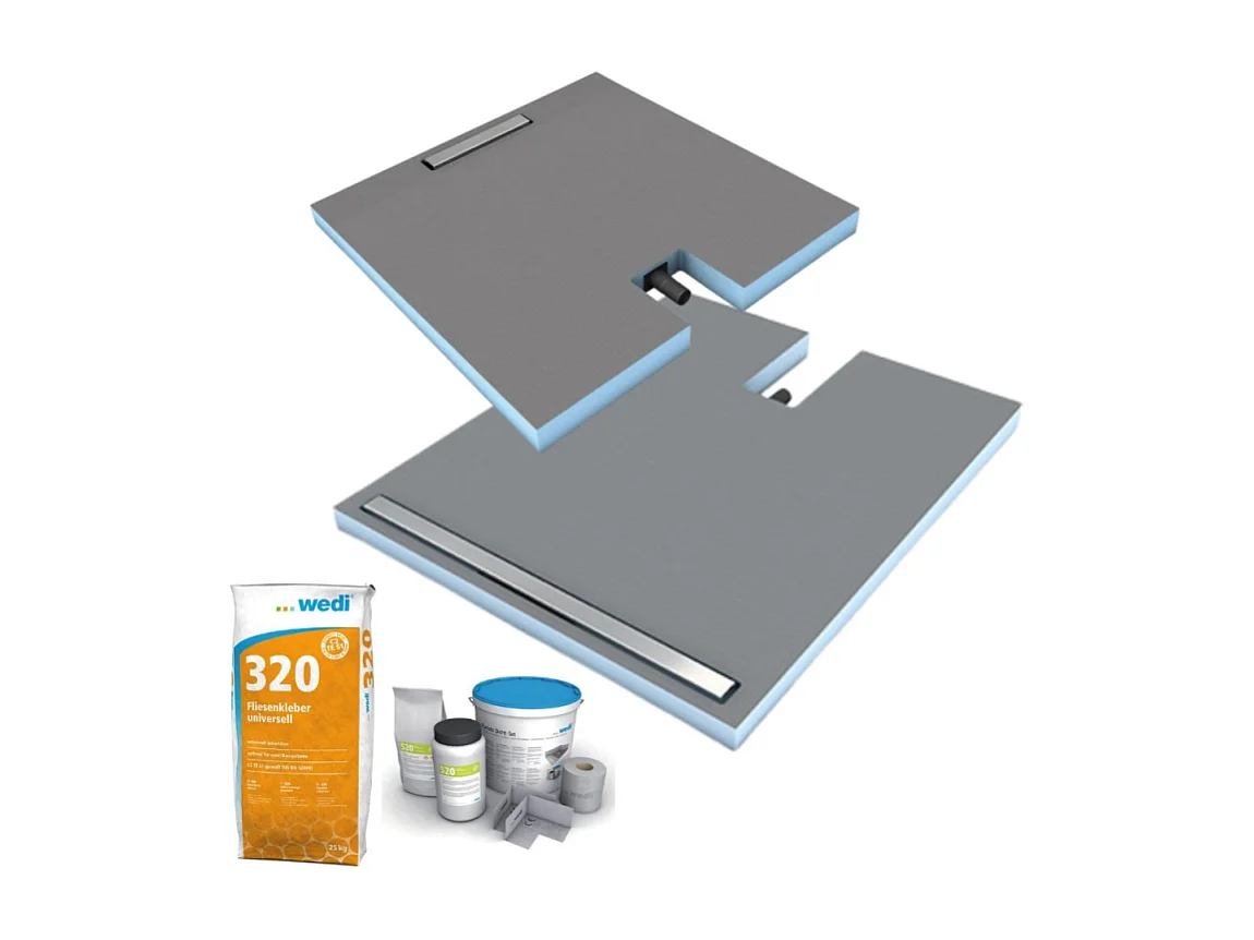 Receveur à carreler 120 x 90 cm Wedi Fundo Plano Linea - écoulement linéaire sortie sur le coté + kit d'étanchéité + Wedi 320