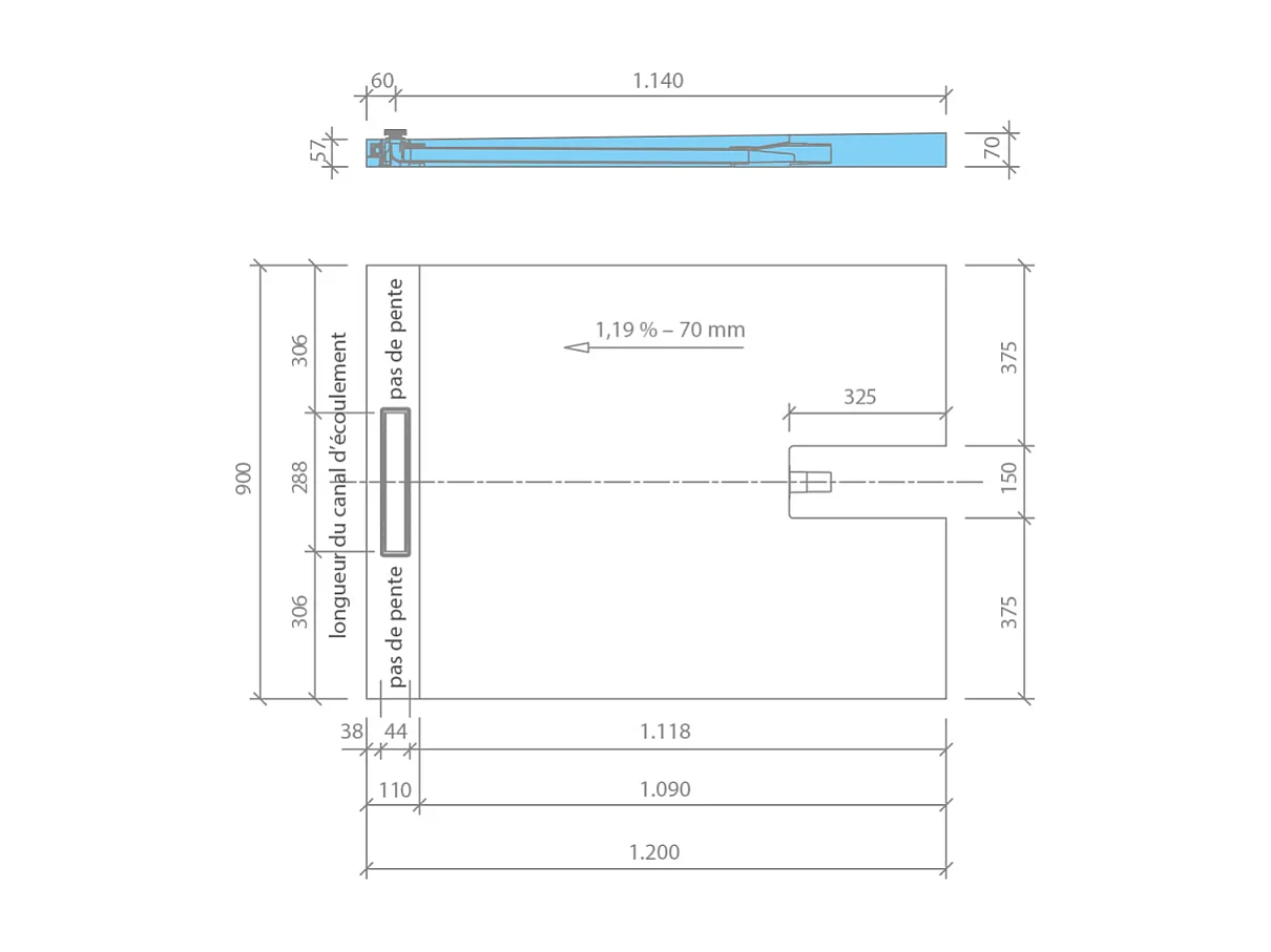 Receveur à carreler 120 x 90 cm Wedi Fundo Plano Linea - écoulement linéaire sortie sur le coté + kit d'étanchéité + Wedi 320