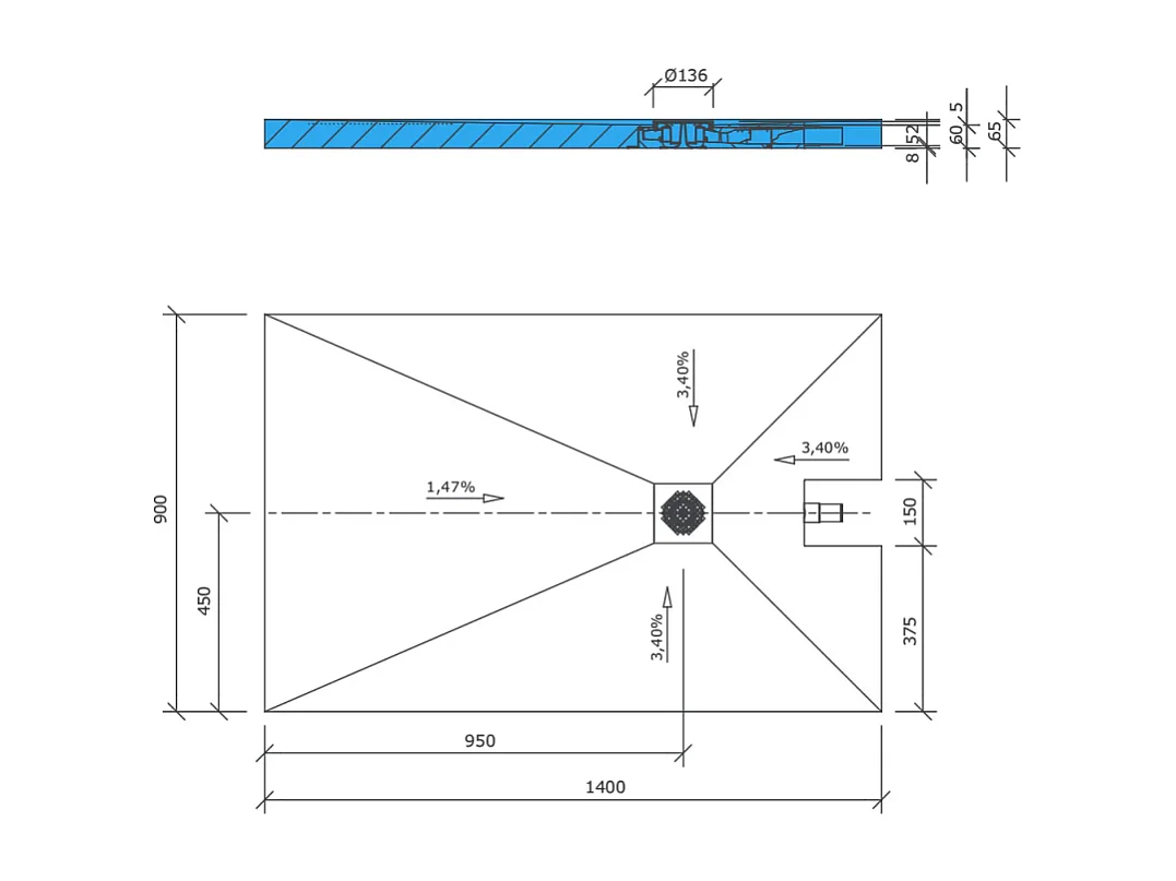 Receveur à carreler 140 x 90 cm WEDI Fundo Plano, bonde intégrée + kit d'étanchéité