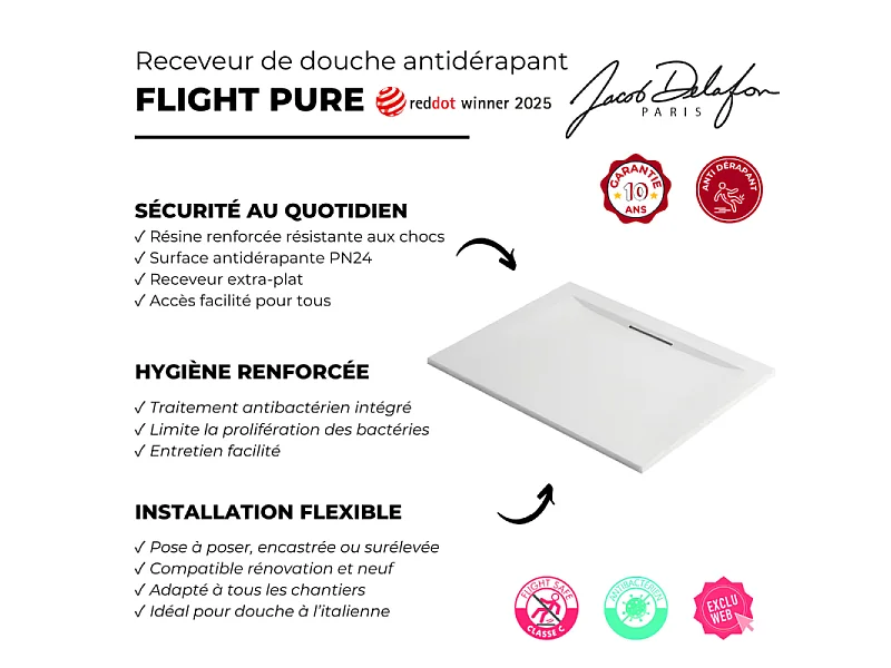 Receveur de douche antidérapant 80 x 80 JACOB DELAFON Flight Pure carré blanc