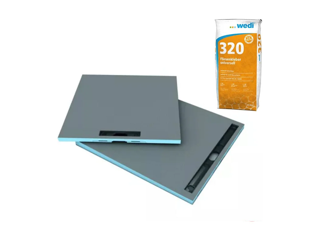 Receveur à carreler 100 x 100 cm WEDI Fundo Riolito Neo, écoulement linéaire + colle 320