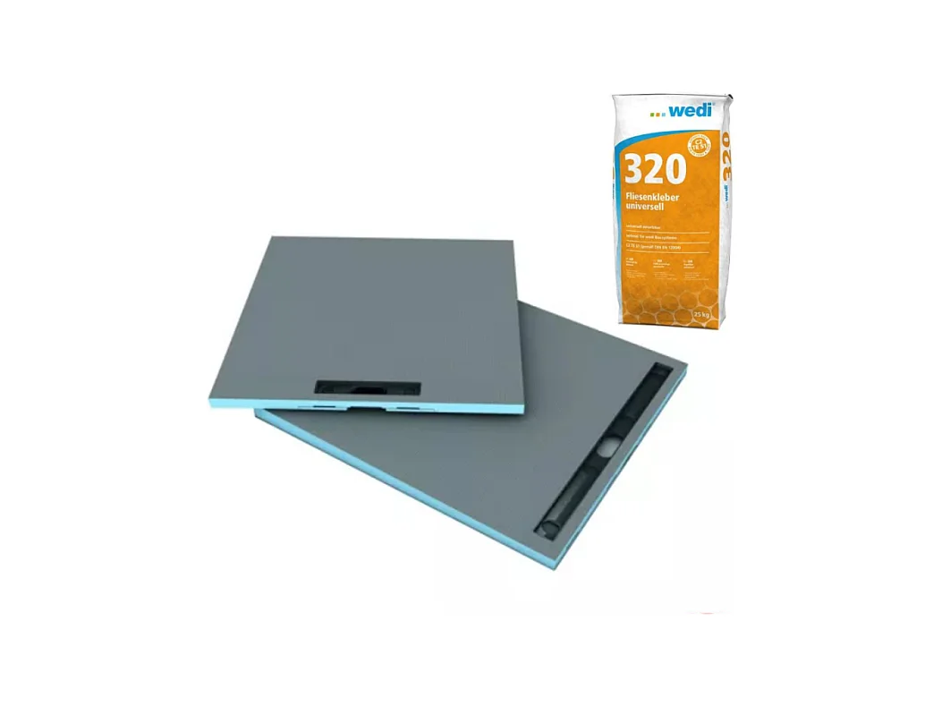 Receveur à carreler 100 x 100 cm WEDI Fundo Riolito Neo, écoulement linéaire + colle 320