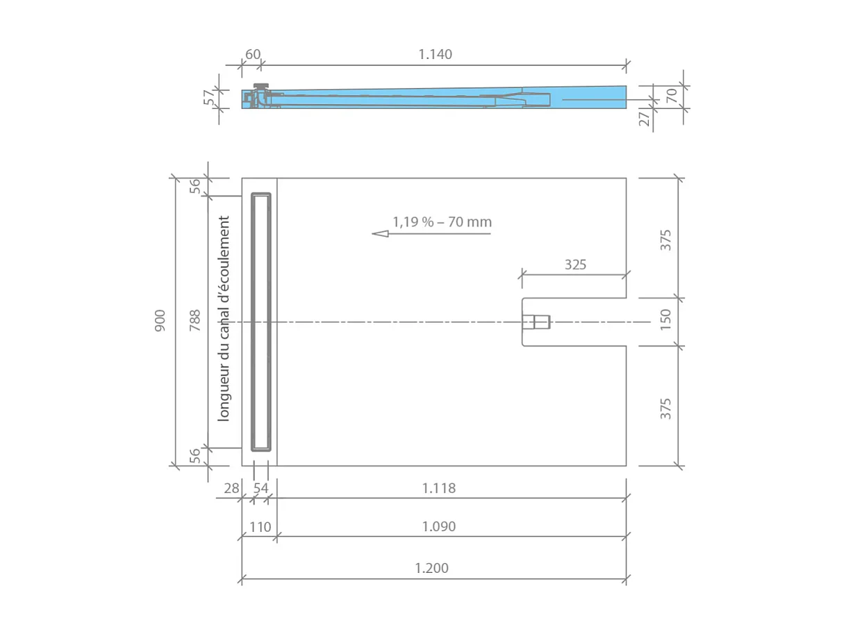 Receveur à carreler 120 x 90 cm Wedi Fundo Plano Linea - écoulement linéaire sortie sur le petit coté + Wedi 320