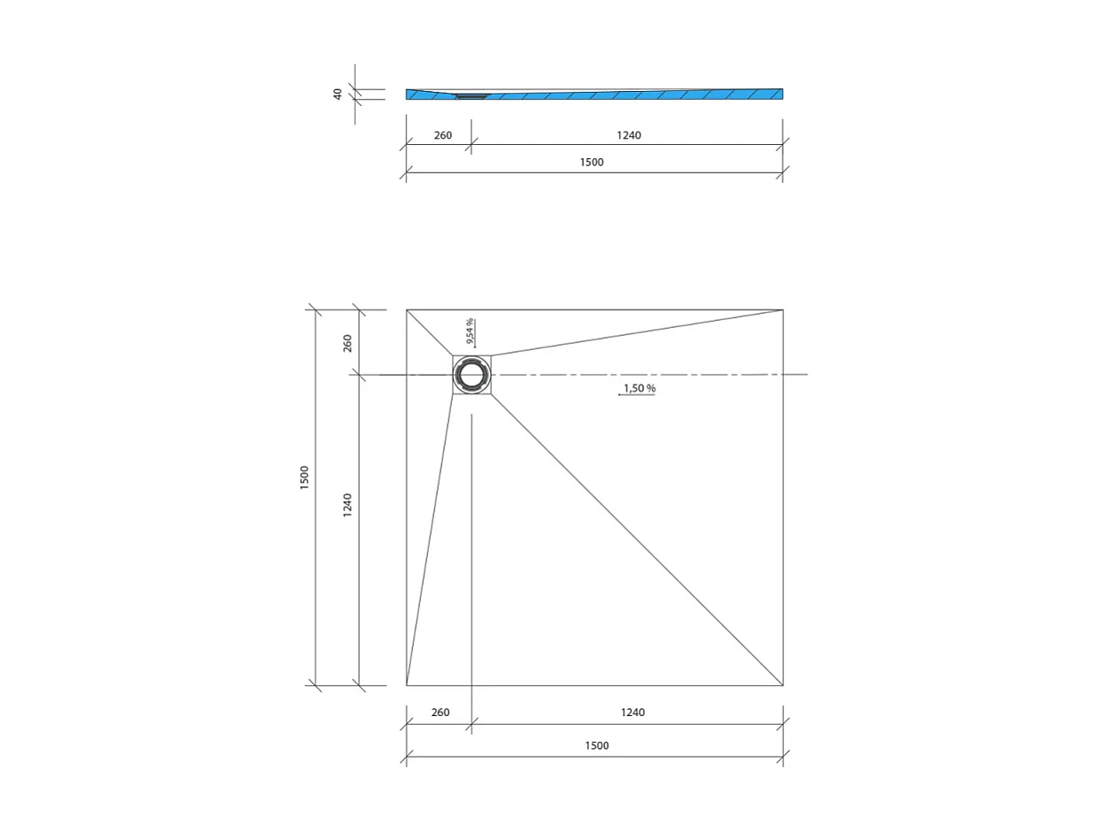 Receveur de douche à carreler 150 x 150 WEDI Fundo Primo carré écoulement excentré + colle 320