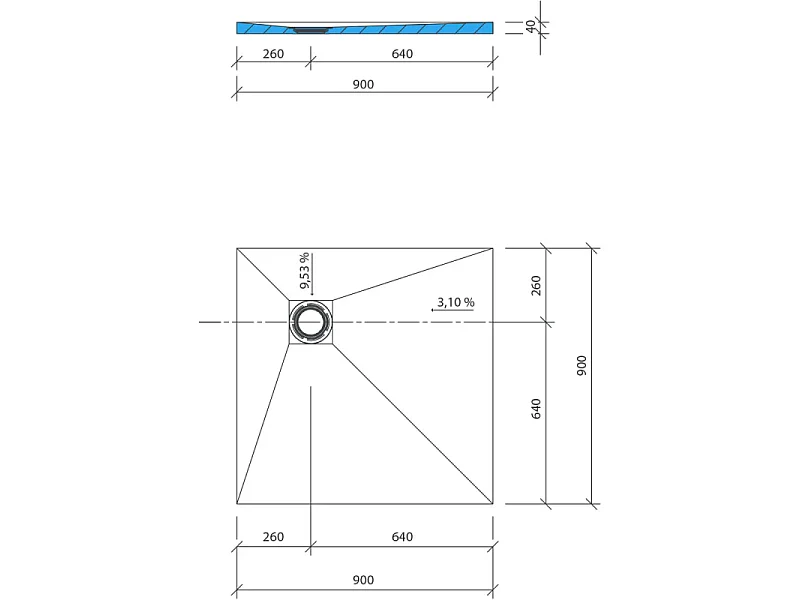 Receveur de douche à carreler 90 x 90 WEDI Fundo Primo carré écoulement excentré