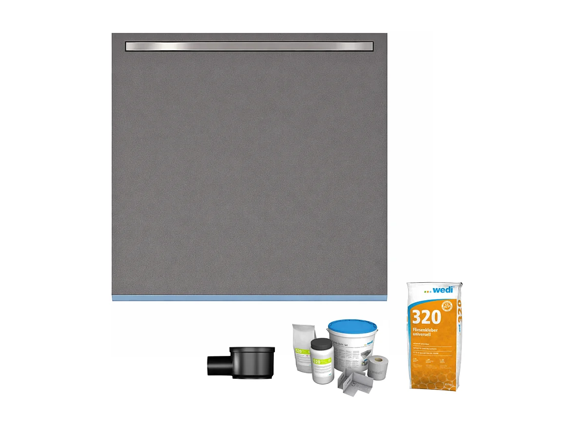 Receveur de douche à carreler 90 x 90 cm Wedi Fundo Riolito Neo + barrette de finition + bonde horizontale + kit d'étanchéité + colle 320