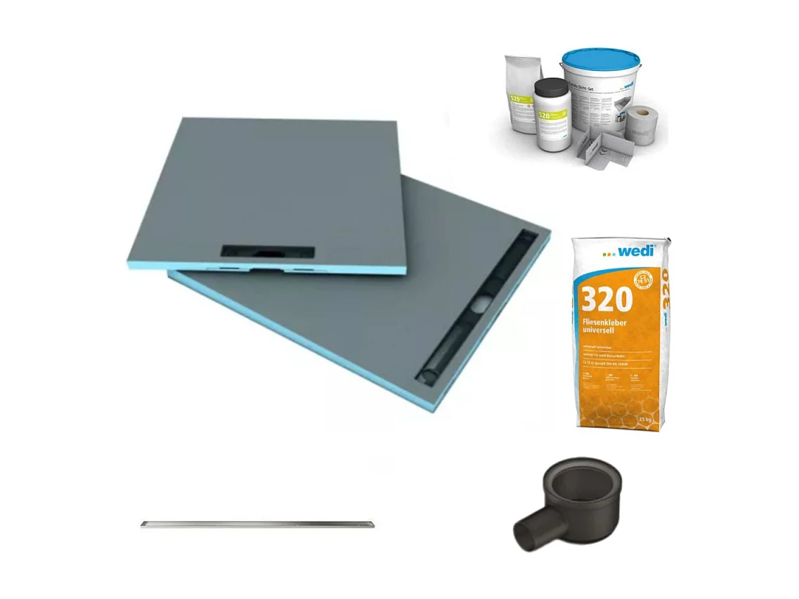 Receveur à carreler 100 x 100 cm Wedi Fundo Riolito Neo + barrette + bonde horizontale + kit d'étanchéité et colle 320