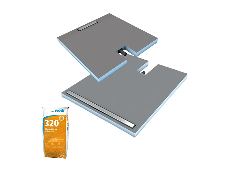 Receveur à carreler 120 x 90 cm Wedi Fundo Plano Linea - barrette courte - écoulement linéaire sortie sur le petit coté + Wedi 320