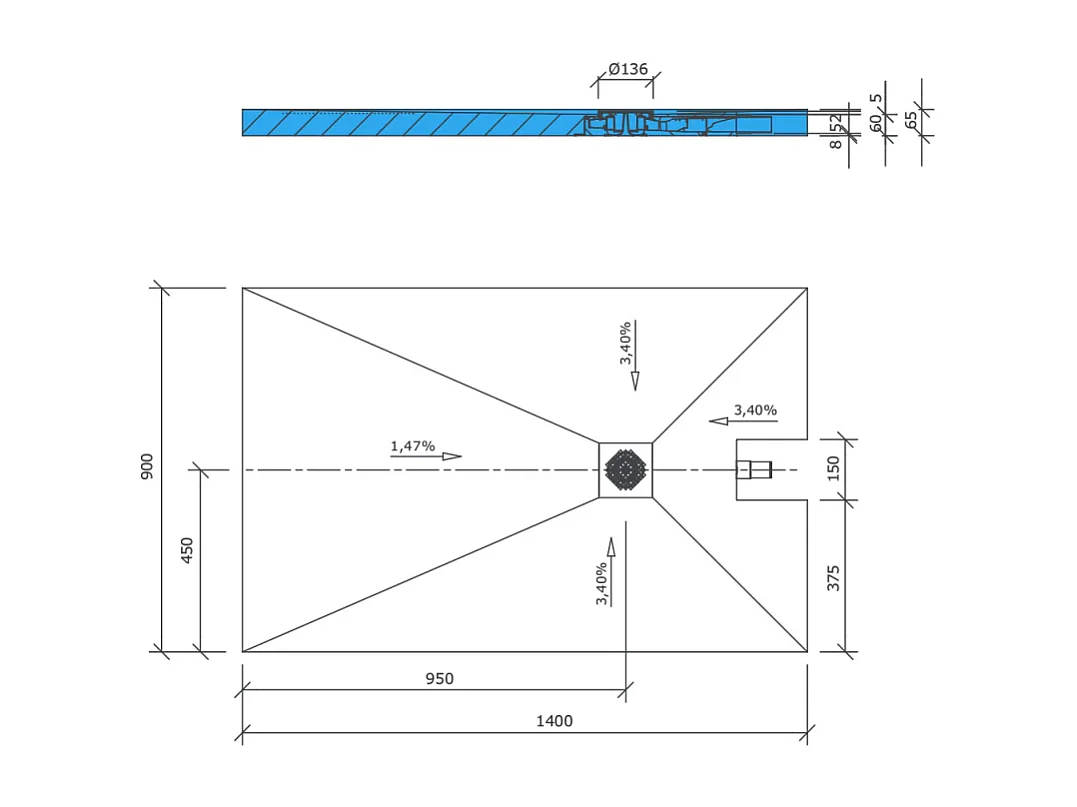 Receveur à carreler 140 x 90 cm WEDI Fundo Plano, bonde intégrée + colle 320 + kit d'étanchéité