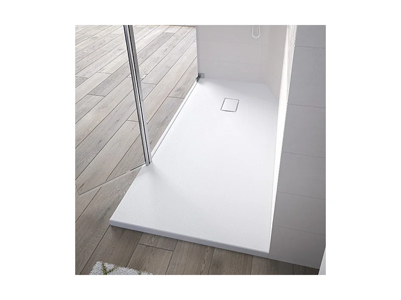 Receveur Kinesurf découpable 100x100 blanc aspect pierre avec cache-bonde assorti et bonde extra-plate