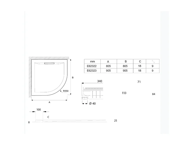 Receveur de douche 90 x 90 JACOB DELAFON Flight Pure quart de rond blanc