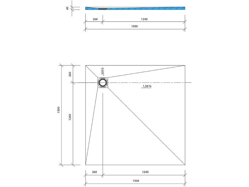 Receveur de douche à carreler 150 x 150 WEDI Fundo Primo carré écoulement excentré