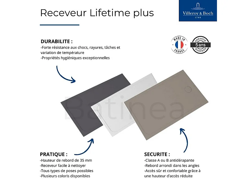 Receveur de douche antidérapant 100 x 80 VILLEROY ET BOCH Lifetime Plus céramique blanc