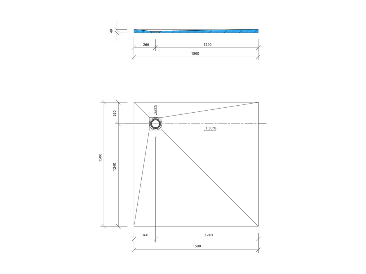 Receveur de douche à carreler 150 x 150 WEDI Fundo Primo carré écoulement excentré + bonde horizontale + kit d'étanchéité