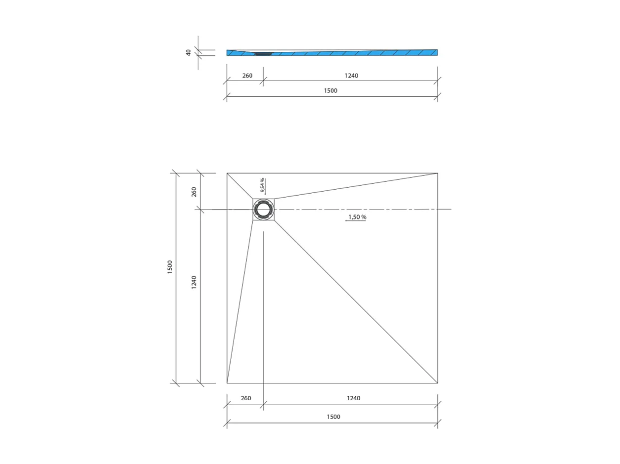 Receveur de douche à carreler 150 x 150 WEDI Fundo Primo carré écoulement excentré + bonde horizontale + kit d'étanchéité