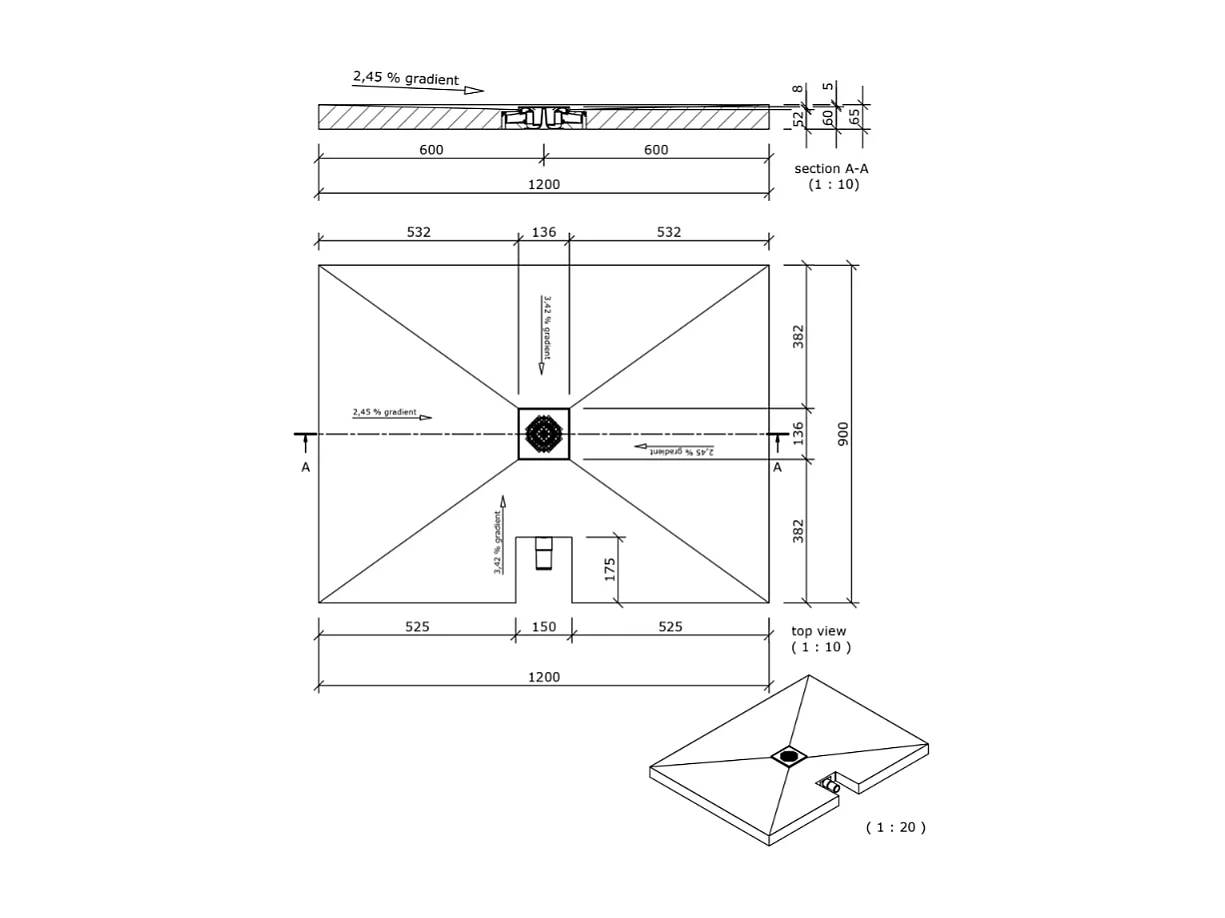 Receveur à carreler 120 x 90 cm Wedi Fundo Plano - ecoulement centre sortie sur le grand cote + kit d'étanchéité