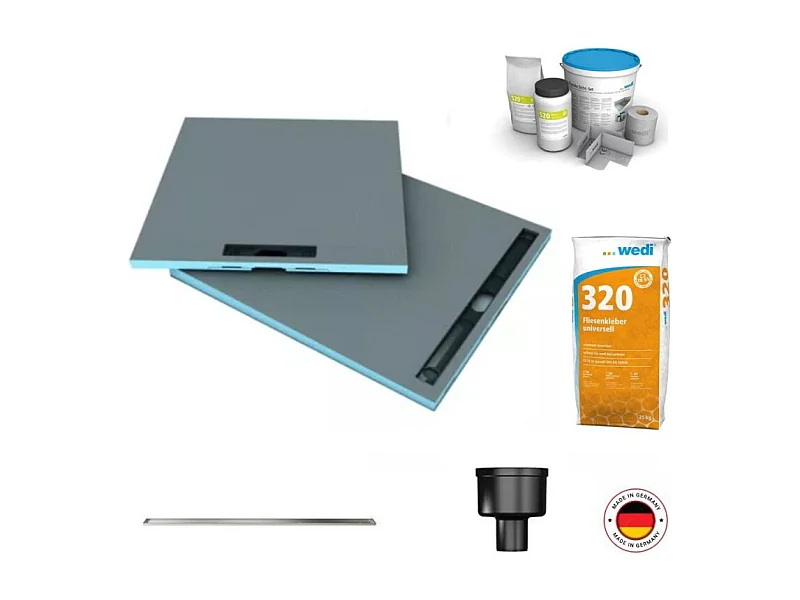 Receveur à carreler 90 x 90 cm Wedi Fundo Riolito Neo + barrette + bonde verticale + kit d'étanchéité et colle 320