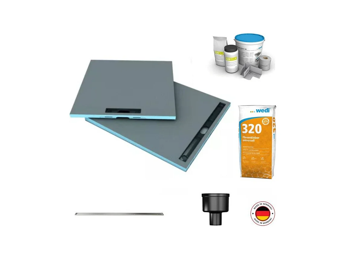 Receveur à carreler 90 x 90 cm Wedi Fundo Riolito Neo + barrette + bonde verticale + kit d'étanchéité et colle 320