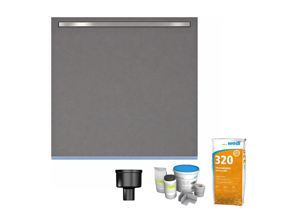 Receveur de douche à carreler 90 x 90 cm Wedi Fundo Riolito Neo + barrette de finition + bonde verticale + kit d'étanchéité + colle 320