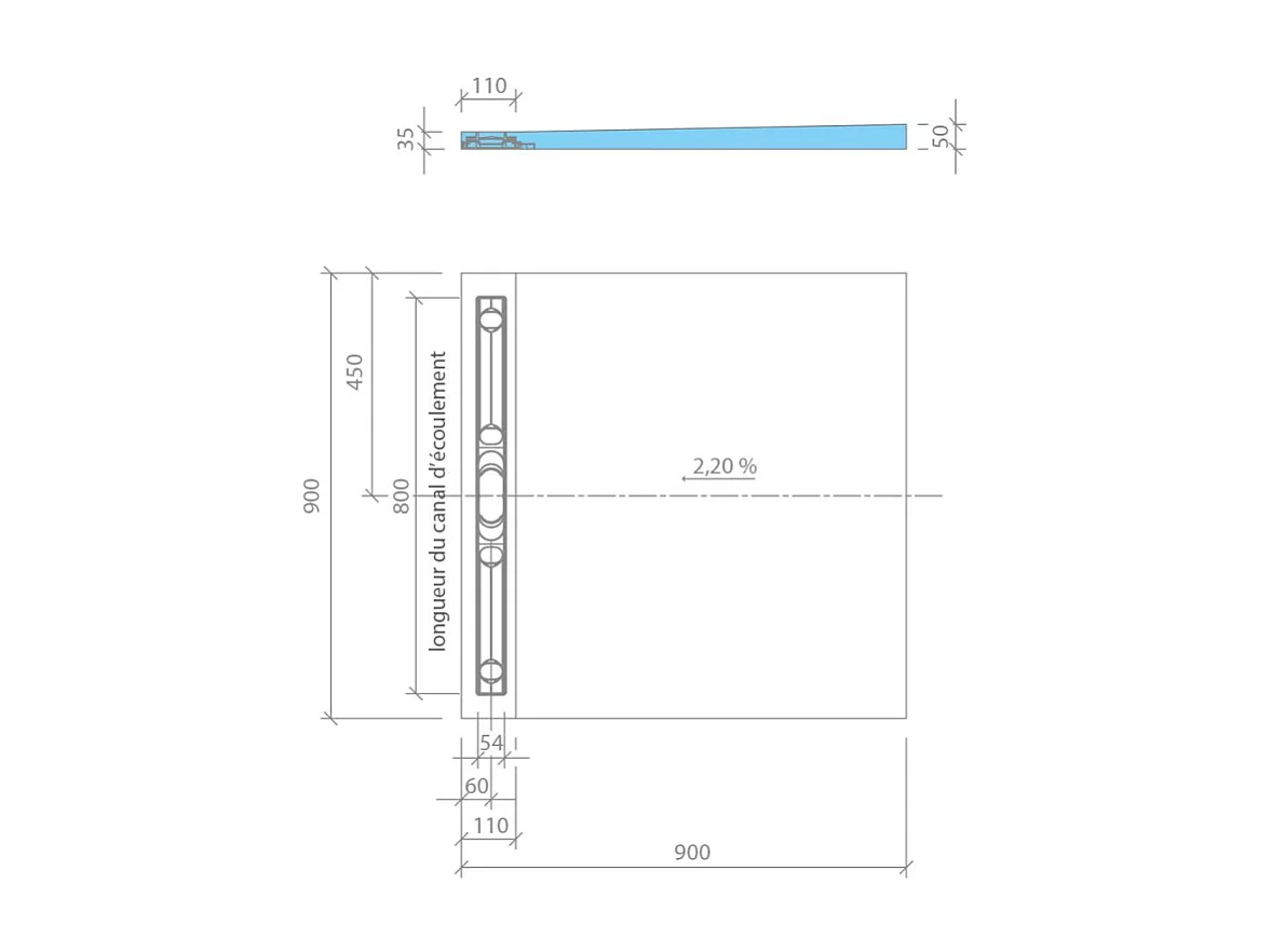 Receveur de douche à carreler 90 x 90 cm Wedi Fundo Riolito Neo + barrette de finition + bonde verticale + kit d'étanchéité + colle 320