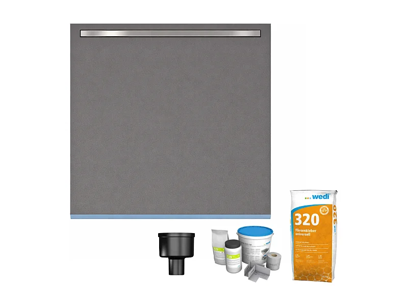 Receveur de douche à carreler 90 x 90 cm Wedi Fundo Riolito Neo + barrette de finition + bonde verticale + kit d'étanchéité + colle 320
