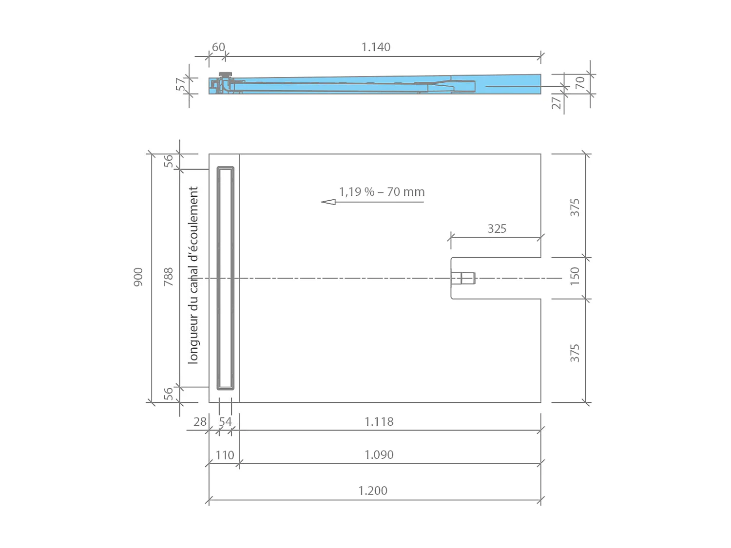 Receveur à carreler 120 x 90 cm Wedi Fundo Plano Linea - écoulement linéaire sortie sur le petit coté + kit d'étanchéité