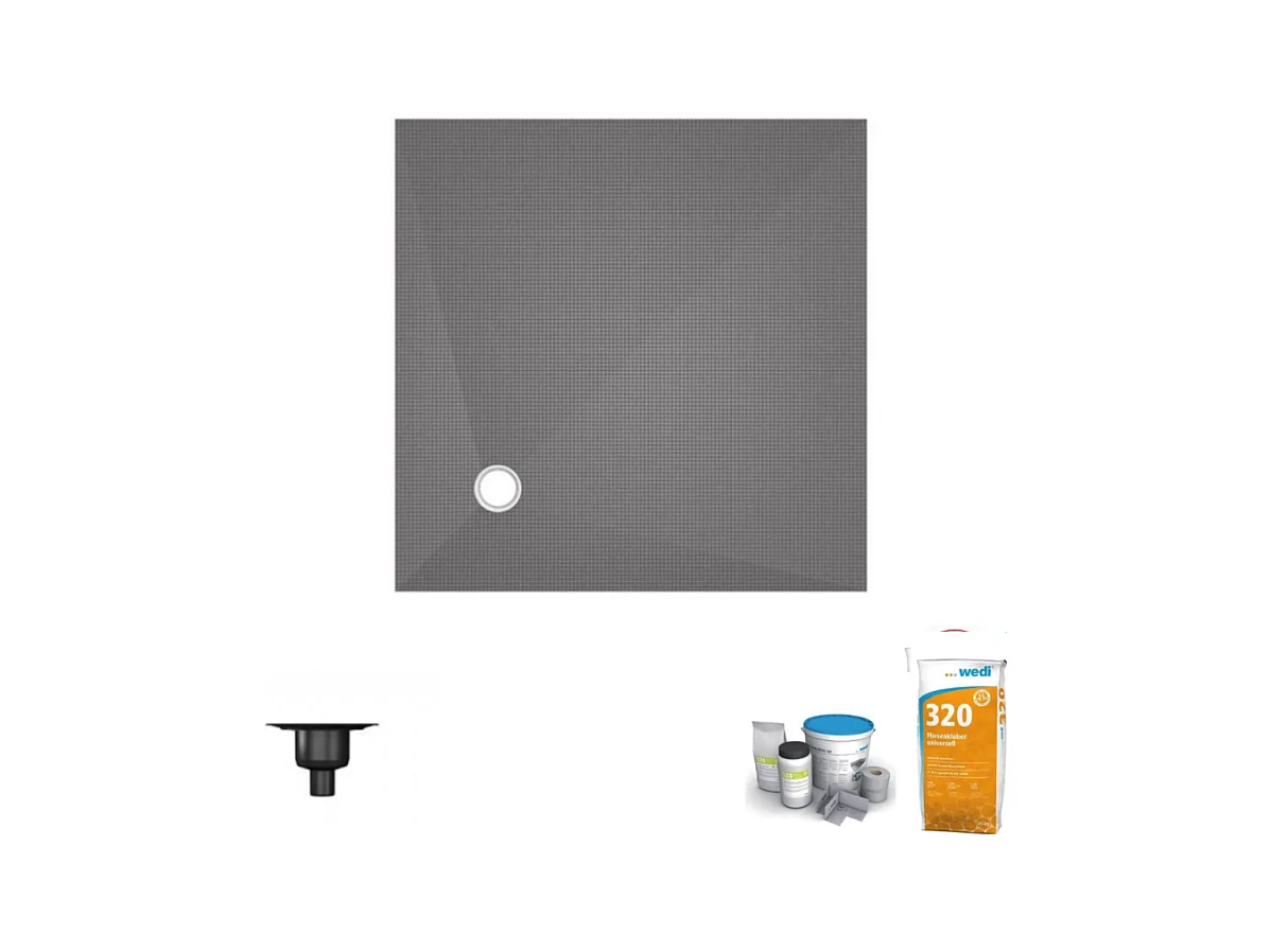 Receveur de douche à carreler 150 x 150 WEDI Fundo Primo écoulement excentré + bonde verticale + kit d'étanchéité + colle 320