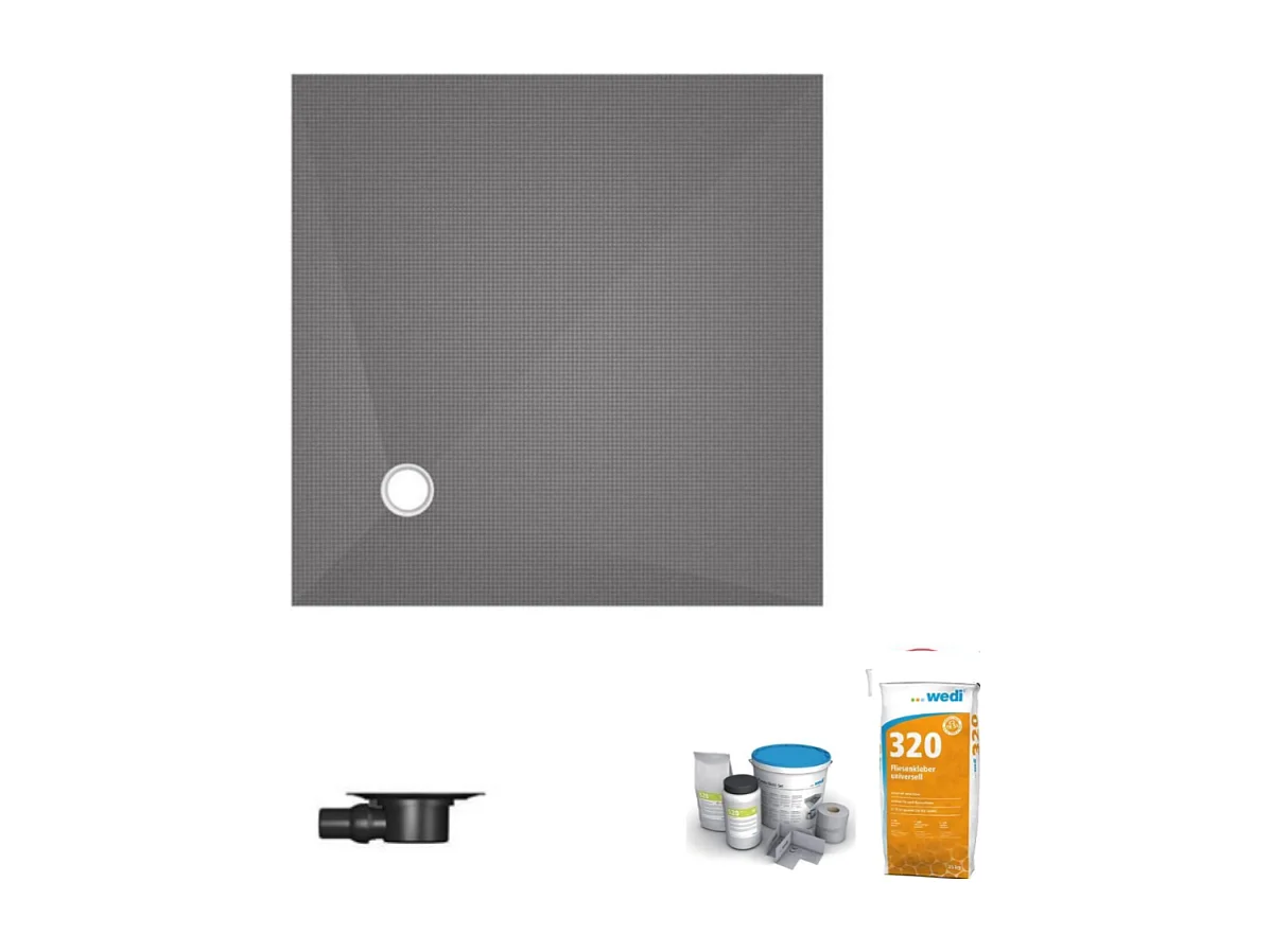 Receveur de douche à carreler 150 x 150 WEDI Fundo Primo écoulement excentré + bonde horizontale + kit d'étanchéité + colle 320