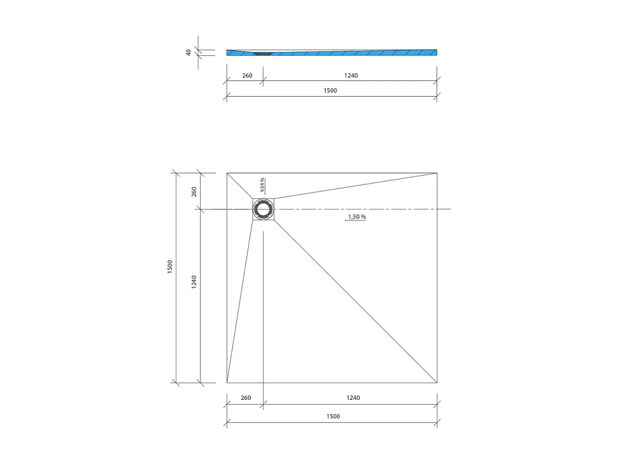 Receveur de douche à carreler 150 x 150 WEDI Fundo Primo écoulement excentré + bonde horizontale + kit d'étanchéité + colle 320