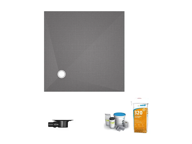 Receveur de douche à carreler 150 x 150 WEDI Fundo Primo écoulement excentré + bonde horizontale + kit d'étanchéité + colle 320