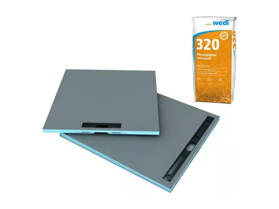 Receveur à carreler 90 x 90 cm WEDI Fundo Riolito Neo, écoulement linéaire + colle 320