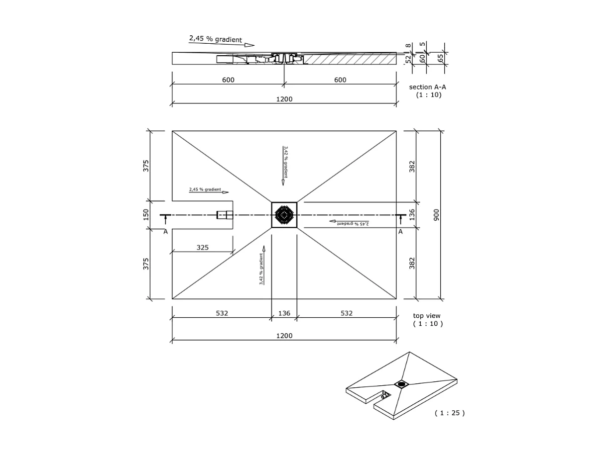 Receveur à carreler 120 x 90 cm Wedi Fundo Plano - ecoulement centre - sortie sur le petit cote + Wedi 320