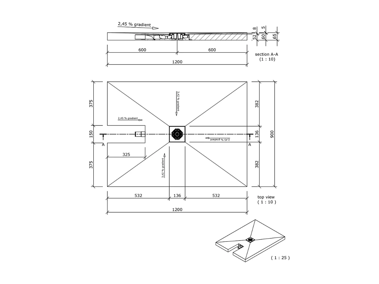 Receveur à carreler 120 x 90 cm Wedi Fundo Plano - ecoulement centre - sortie sur le petit cote + Wedi 320