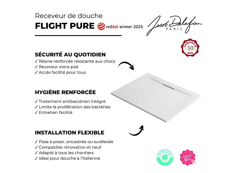 Receveur de douche 90 x 90 JACOB DELAFON Flight Pure carré blanc