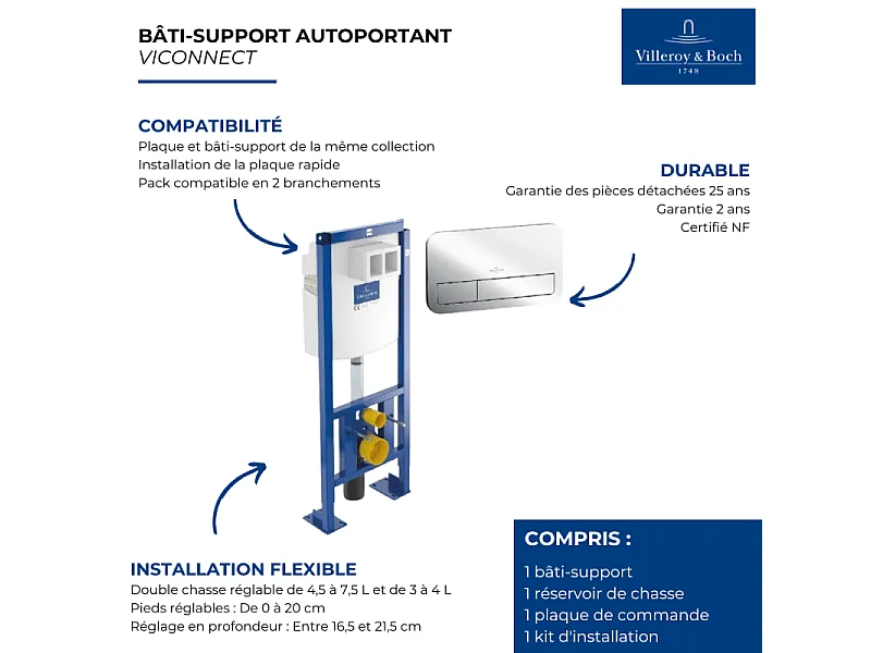 Bati support wc VILLEROY ET BOCH Viconnect avec plaque chromée