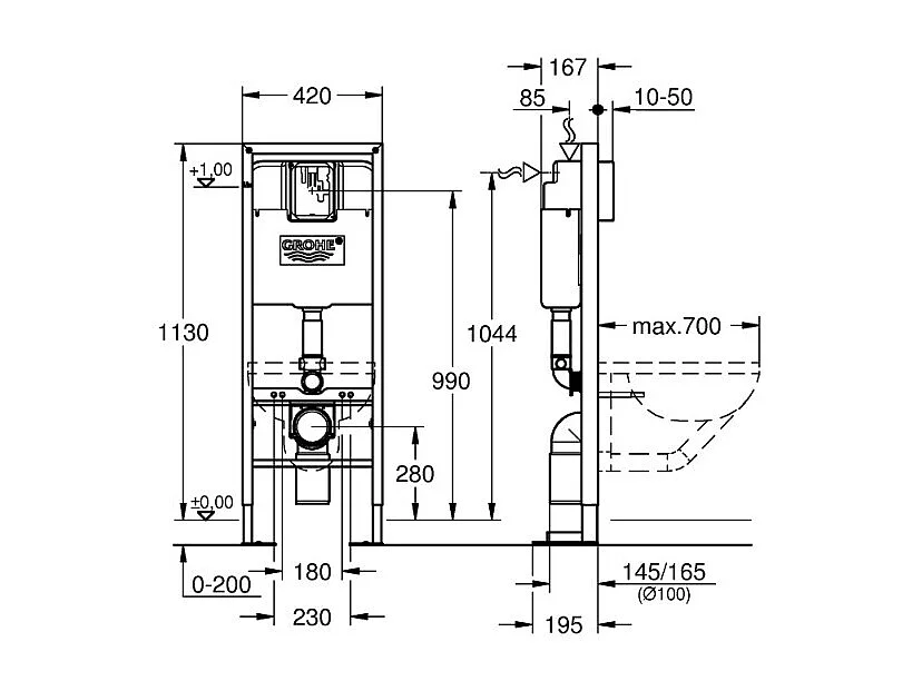 GROHE - Bati support largeur réduite pour WC Rapid SL 1.13 m x 0.42 m
