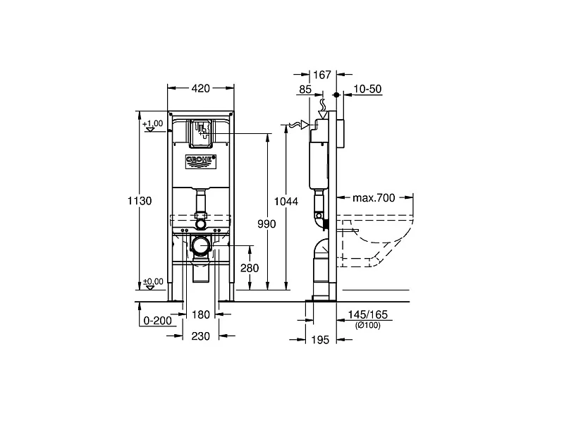 GROHE - Bati support largeur réduite pour WC Rapid SL 1.13 m x 0.42 m