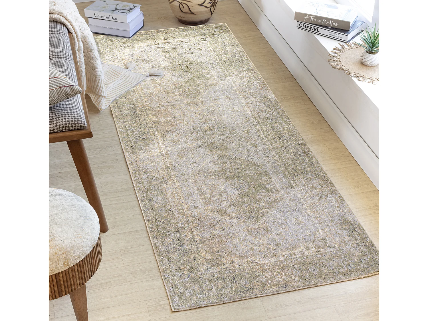 Tapis de Couloir Vintage Lavable en Machine - Vert/Brun - 80x220cm - BOKA