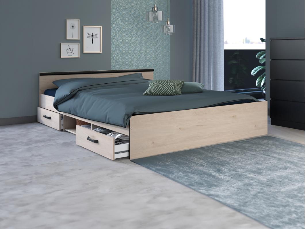 Letto con vani portaoggetti 160 x 200 cm 2 cassetti e 1 nicchia Naturale + Rete - PABLO