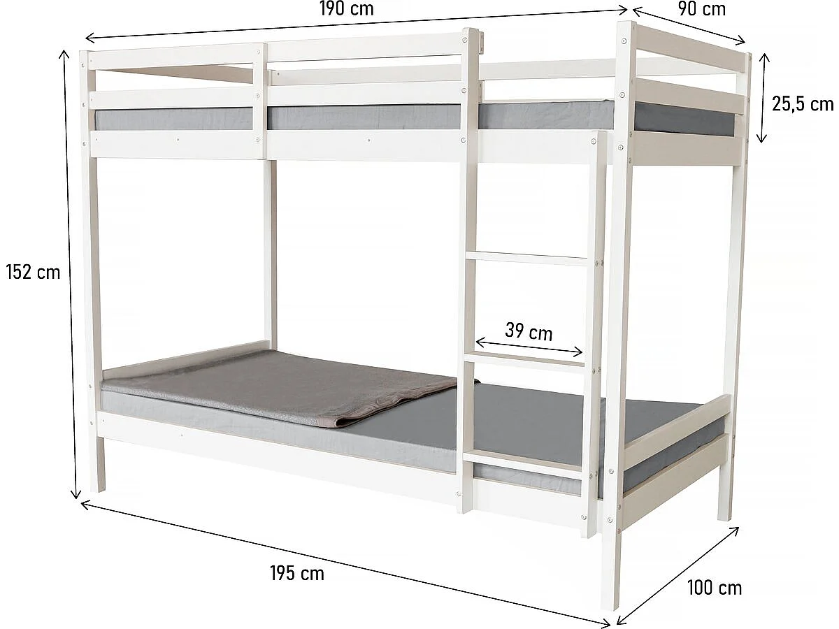 Litera infantil de madera "Lionel" 90 x 190 cm - Blanco