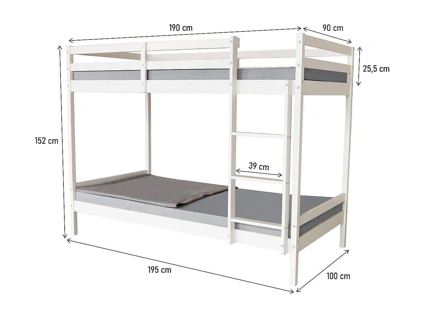 Lit Superposé bois enfant "Lionel" 90 x 190 cm - Blanc
