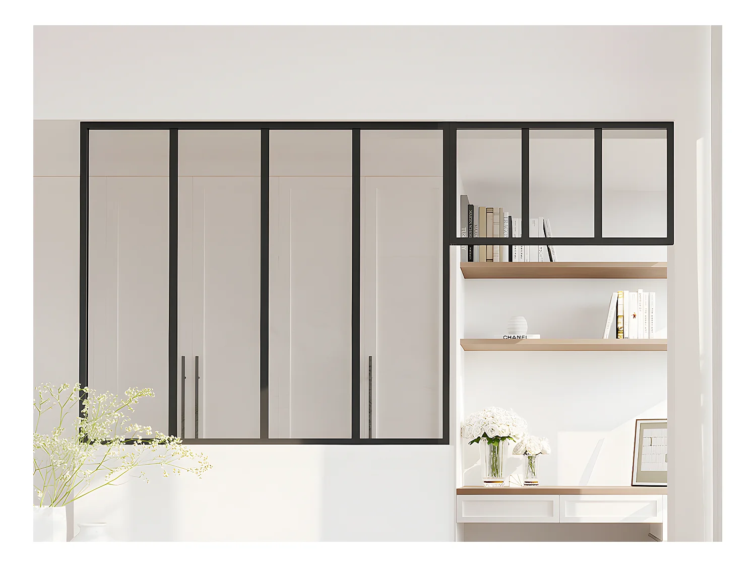 Atelier-Glaswand mit Oberlicht - thermolackiertes Aluminium - 120 x 105 + 73 x 40 cm - Schwarz - BAYVIEW