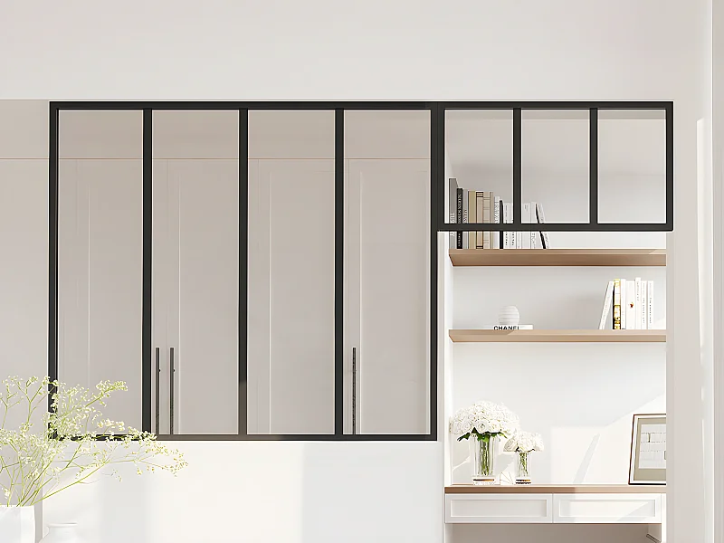 Vetrata atelier con sopraluce L120 x H105 + L73 x H40 cm in Alluminio termolaccato Nero - BAYVIEW