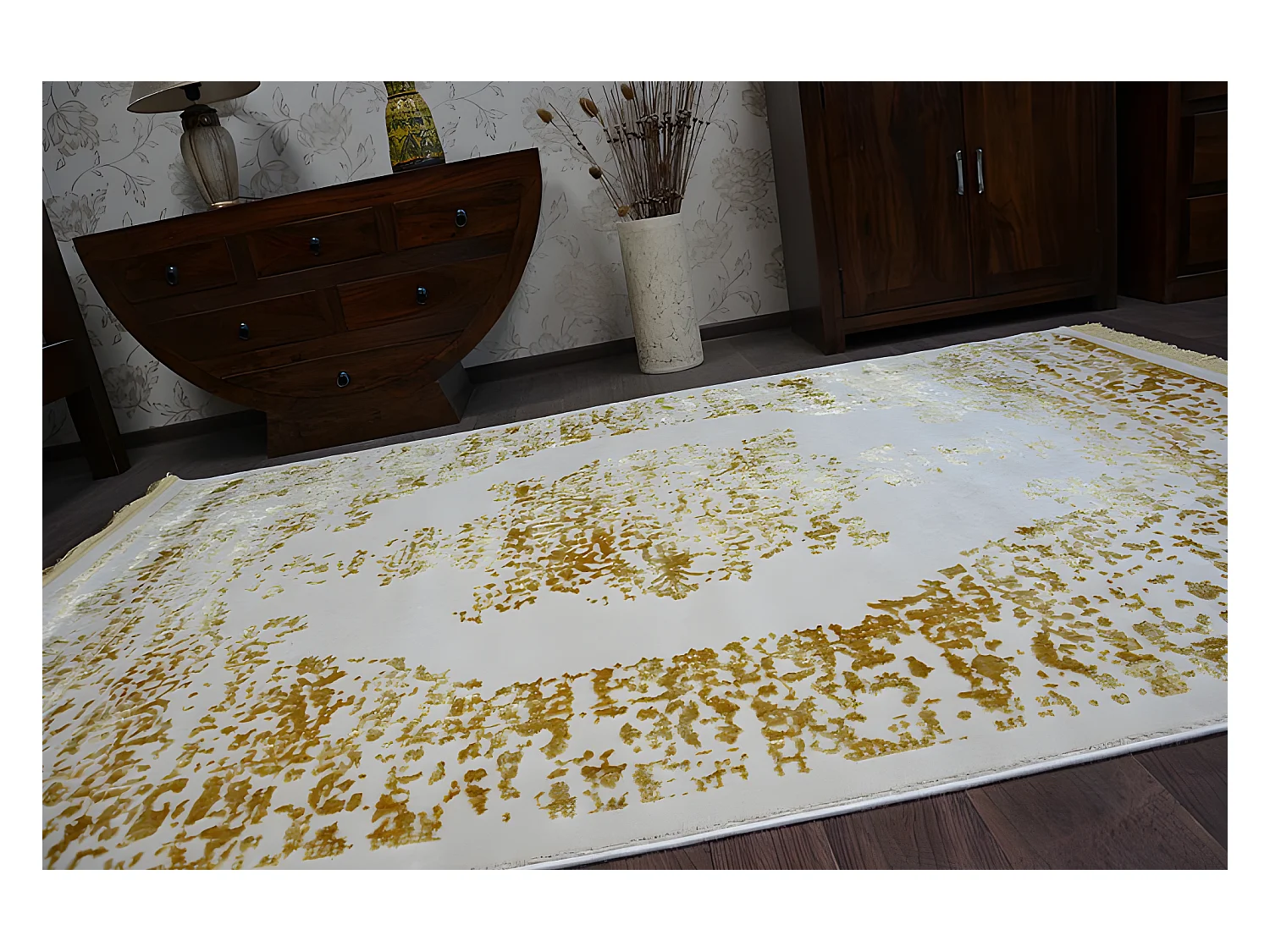 Tapis ACRYLIQUE MANYAS 192AA Ivoire/Doré franges 80x300 cm