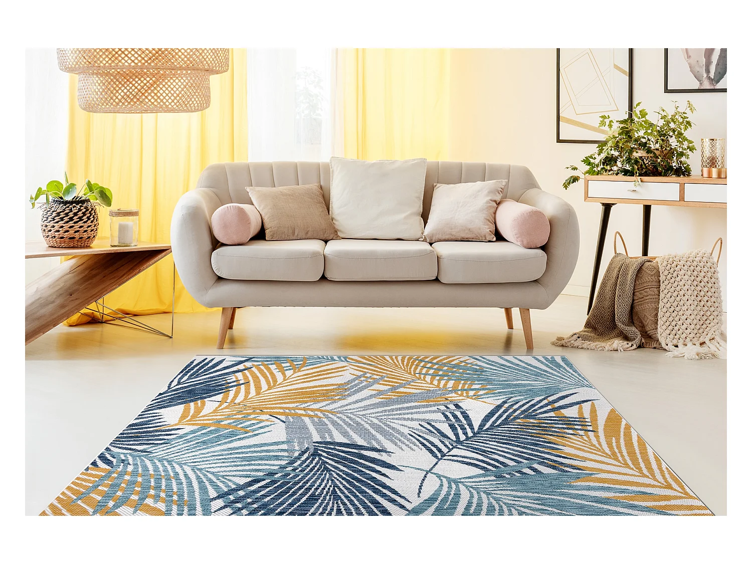 Tapis SIZAL COOPER Feuilles de palmier, tropical 22258 écru / bleu fo 160x220 cm