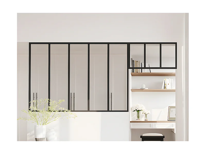 Atelier-Glaswand mit Oberlicht - thermolackiertes Aluminium - 150 x 105 + 73 x 40 cm - Schwarz - BAYVIEW