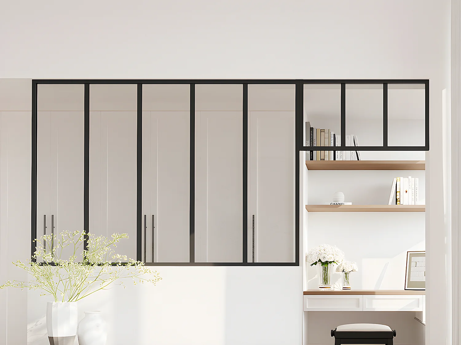 Cristalera estilo taller con travesaño de aluminio termolacado - Ancho 150 x Alt. 105 + Ancho 73 x Alt. 40 cm - Negro - BAYVIEW