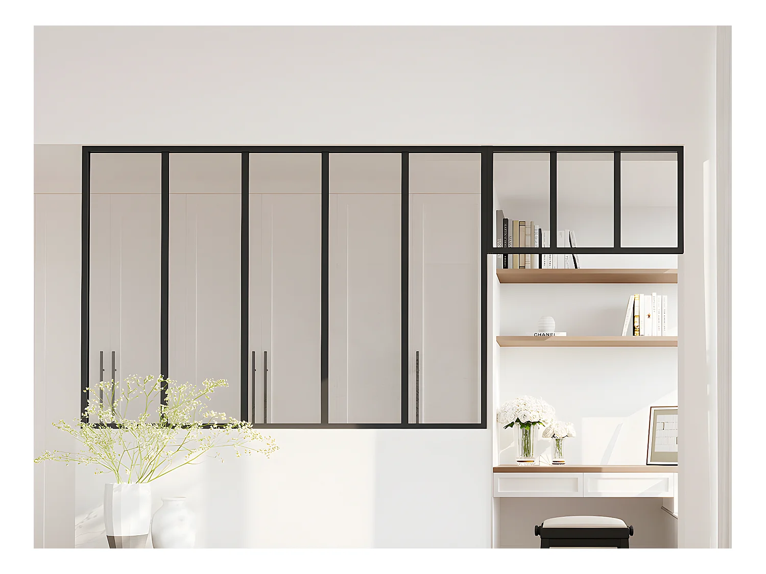Atelier-Glaswand mit Oberlicht - thermolackiertes Aluminium - 150 x 105 + 73 x 40 cm - Schwarz - BAYVIEW